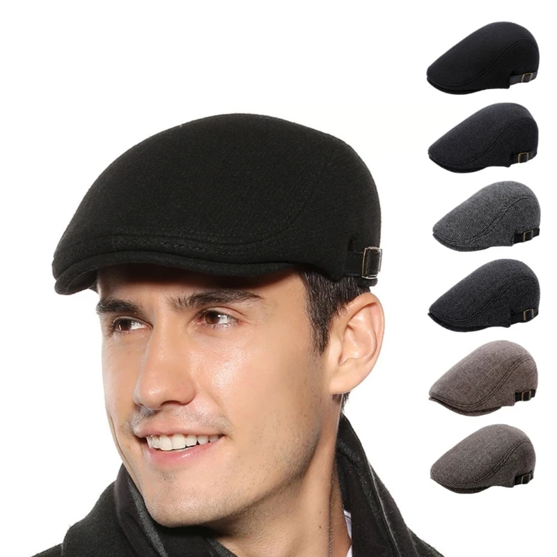 Mens Wool-Blend Newsboy Hat Adjustable Solid Color/Plaid/Herringbones