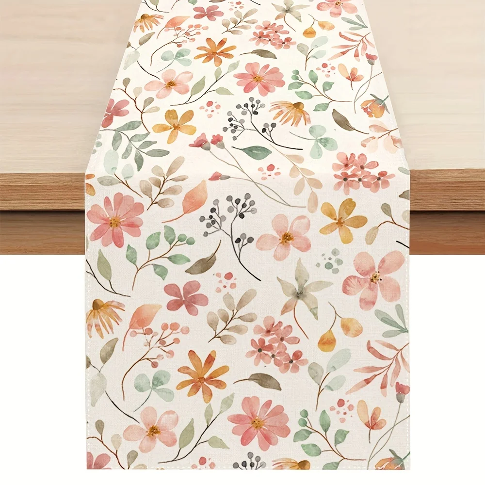 1 Piece of Watercolor Floral Table Runner with Light Background Painted with Fresh and Colorful Floral Patterns, Suitable for Pastoral Style B&B, Spring Picnic, Garden Party, Literary Cafe, Home Soft Decoration, Wedding Decoration, Handmade Market, Girlfriends Tea Party
