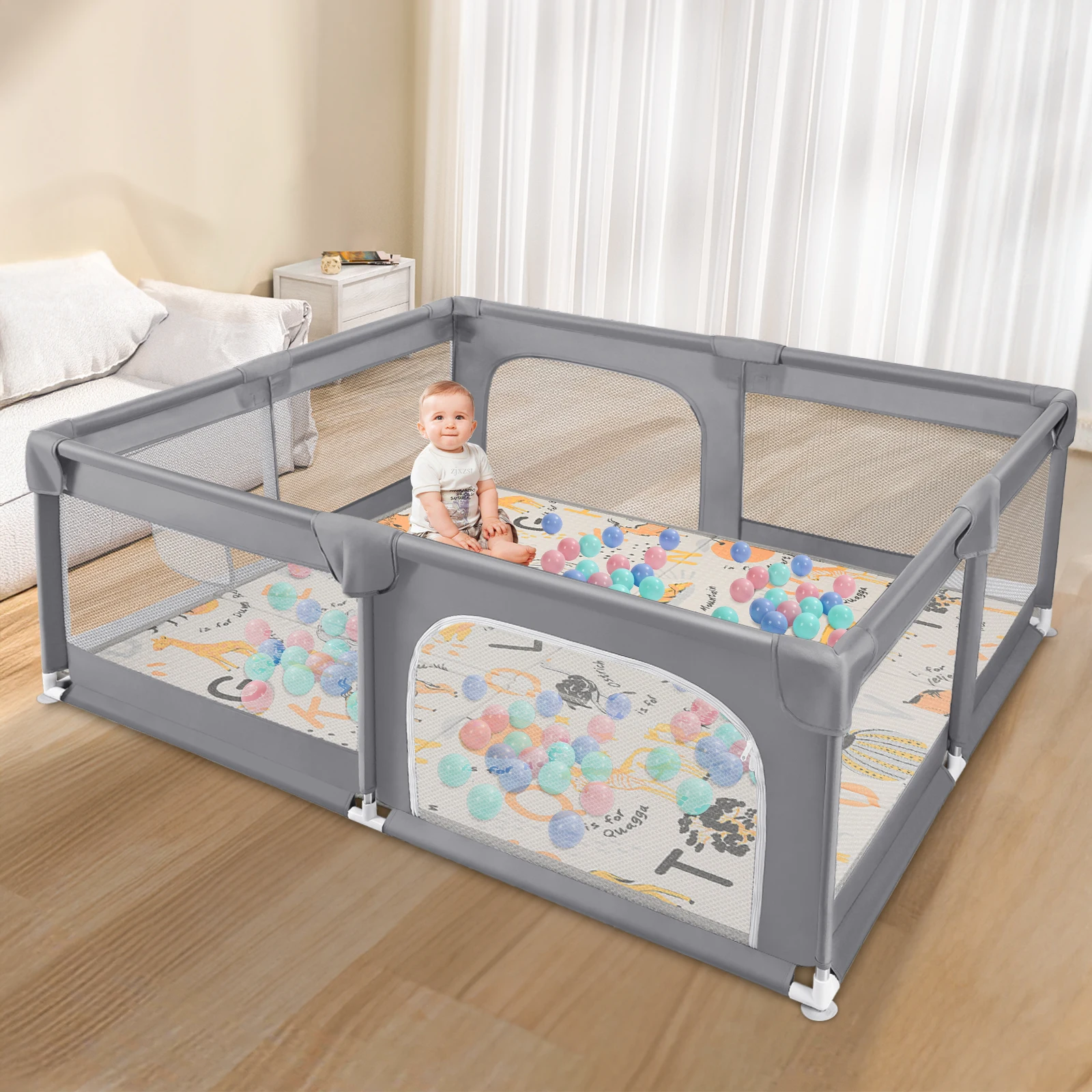 Parque infantil para bebés de 180x200cm, valla para niños pequeños con espuma anticolisión y malla transpirable, 50 bolas oceánicas, 4 anillos de tracción