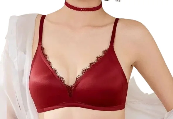 French Type Triangle Cup Underwear Female Lace Edge Satin New Style Thin Shoulder Belt Sexy Deep V No Trace Bra KUCLUT