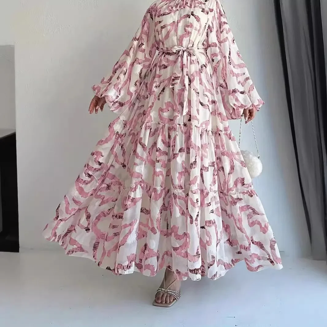 Middle Eastern Muslim Women\'s Long Gowns, Arabic Abayas, Printed Long Trousers with Belts, Fashionable and Elegant Dresses.