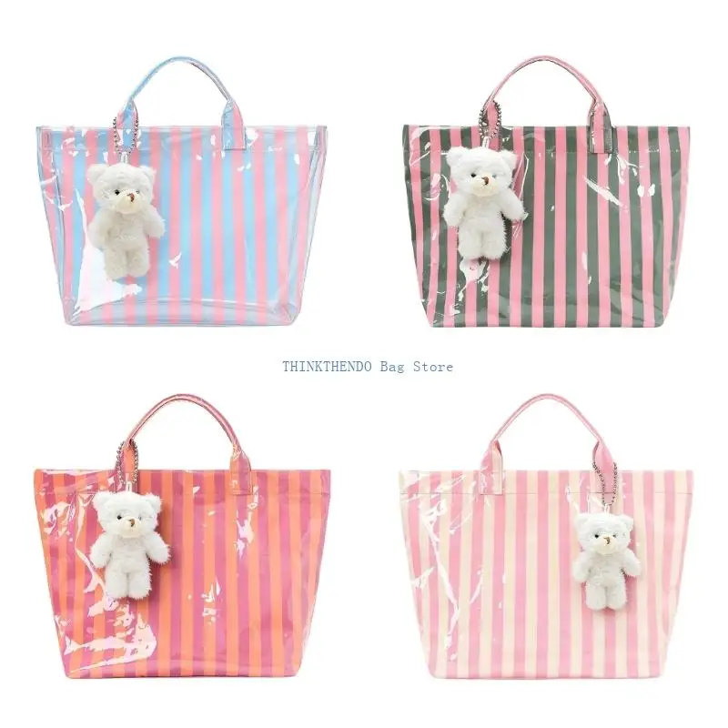 340D Stylish And Practical Striped Handbag PVC Work Bag With Generous Storage Space Fashion Shopping Bag for Women and Girls