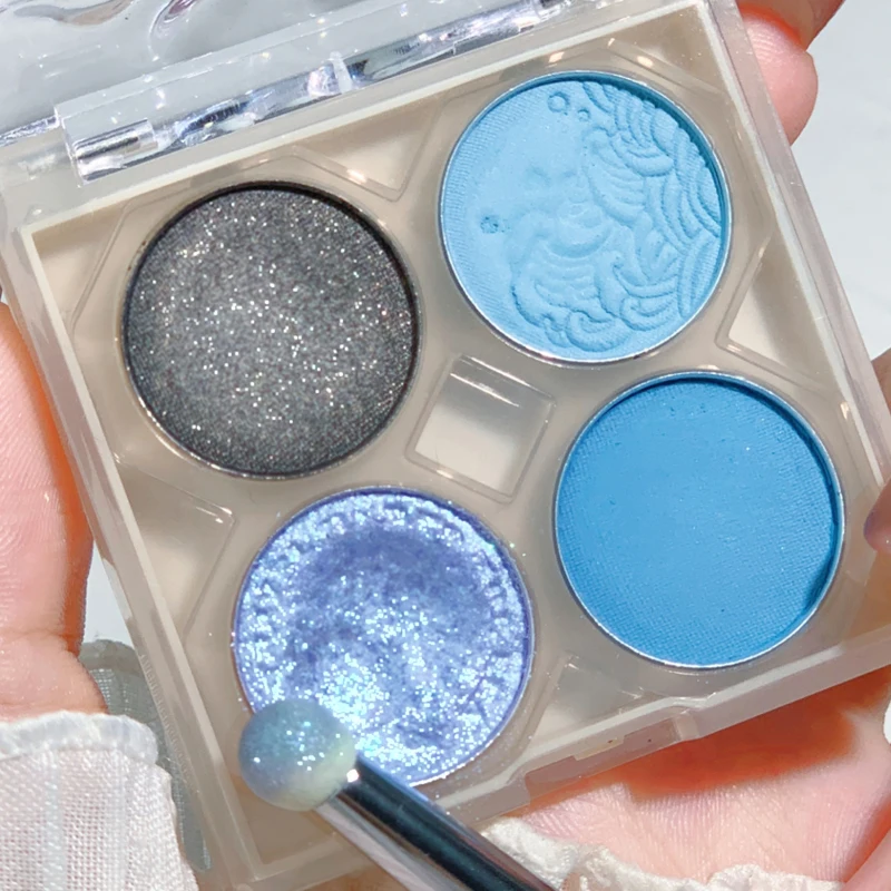 Paleta de sombra de ojos azul ballena, purpurina metálica, polvo de rubor pigmentado verde mate, sombra de ojos prensada de 4 colores, paleta de maquillaje para fiestas