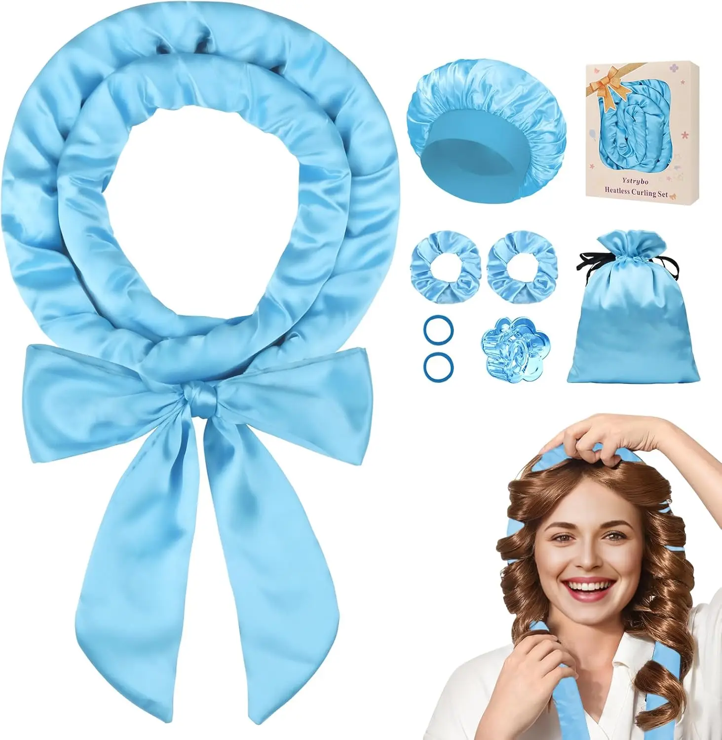 

Satin Heatless Hair Curler Heatless Curls Overnight Hair Curlers to Sleep In Heatless Curling Set for Women Long Hair-8 Pcs Blue