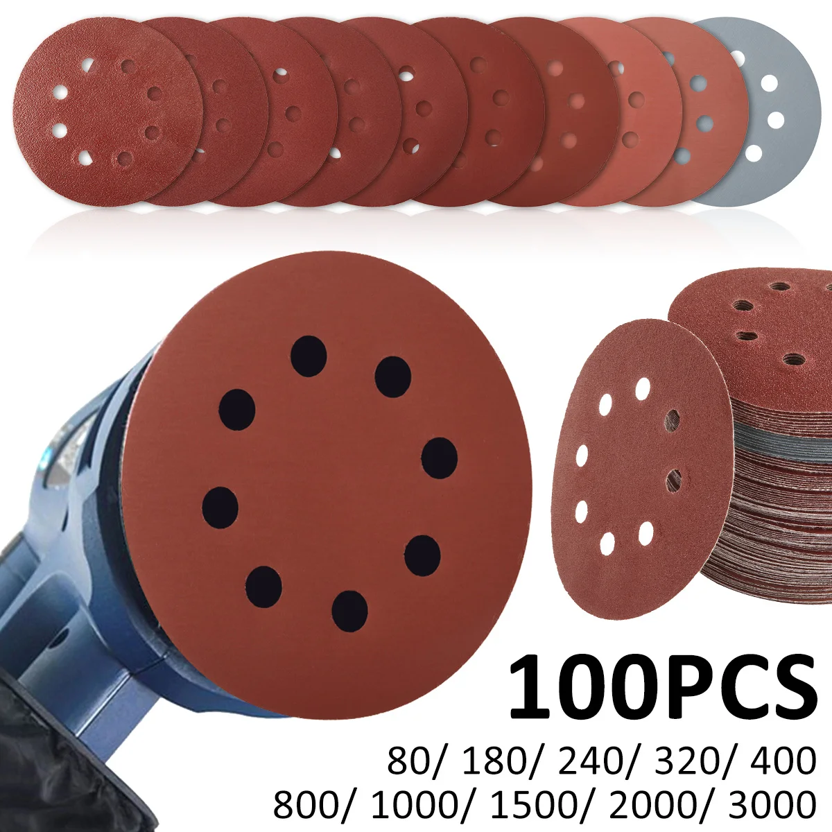 100ชิ้น5นิ้ว8หลุมกระดาษทรายแผ่นกาวตะขอ80Grit-3000Grit กระดาษทราย125มม. เครื่องมือขัดแผ่นขัด