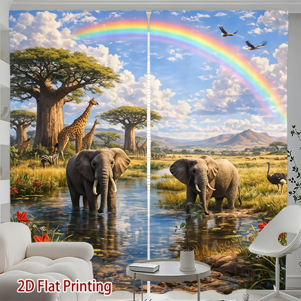 2pcs Safari Elephant Curtains African Wildlife Rainbow Landscape Drape Kids Room Decoration Nature Scenery Window Treatment
