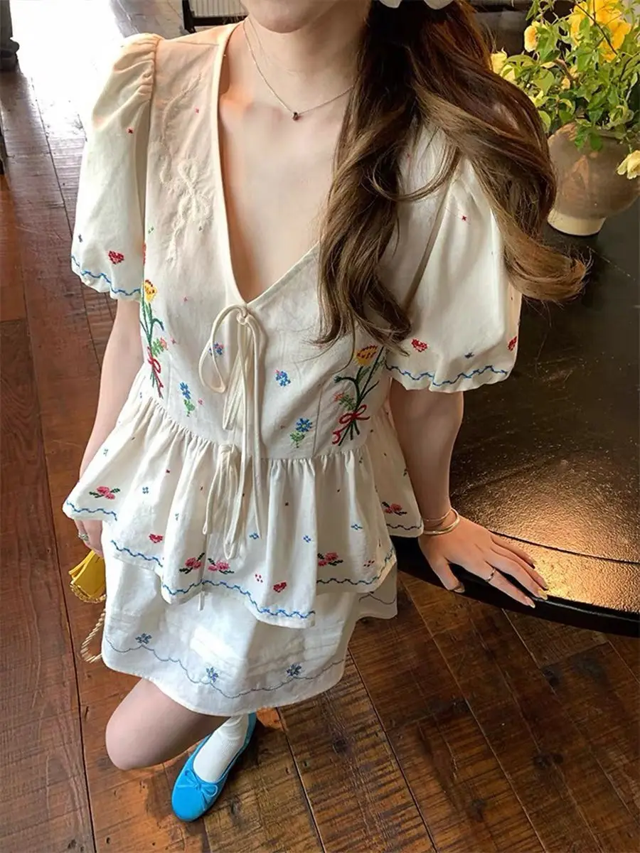 

French Country Floral Set - Embroidered Blouse & Mini Skirt, Romantic Two Piece Outfit for Women f182
