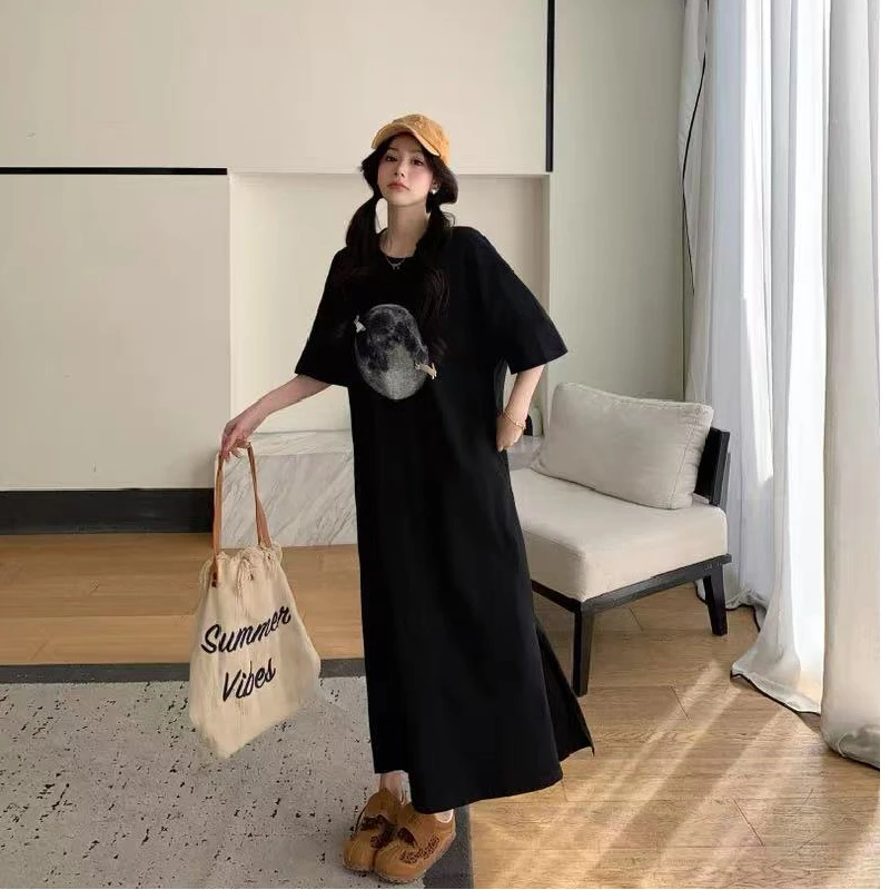 Jupe T-shirt ample mi-longue avec fentes, style coréen, décontracté, en Polyester, ort Sve, Tube droit, h-ape Dr