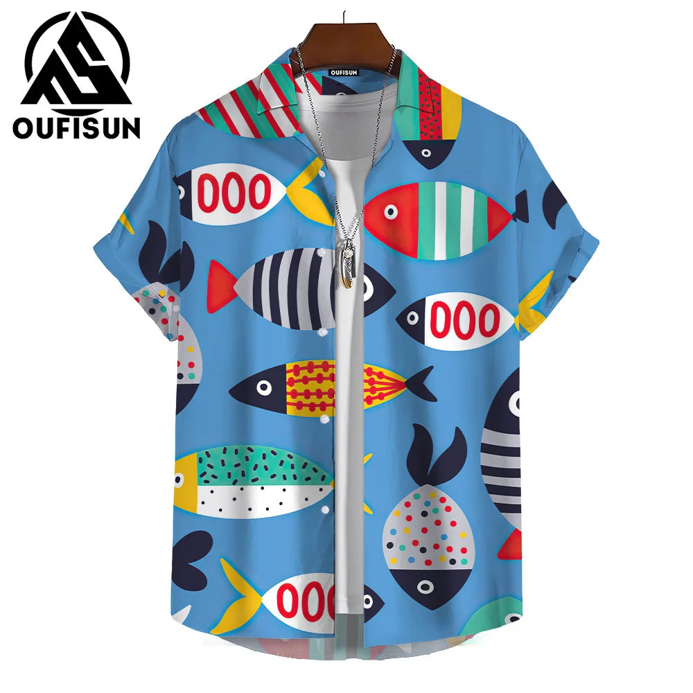 Camisa estampada de verano para hombre, estampado 3D de dibujos animados, estampado de peces, vacaciones en la playa, uso diario, camisa de manga corta para hombre, Top de gran tamaño