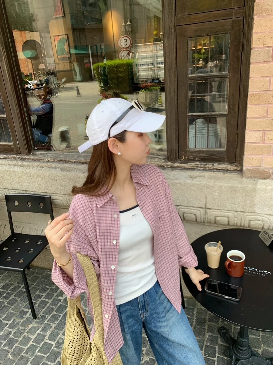 

Розовая клетчатая рубашка-жакет Landbeige для девочек, свободного кроя, с длинными рукавами, защита от солнца, хлопок, на пуговицах, для повседневной носки