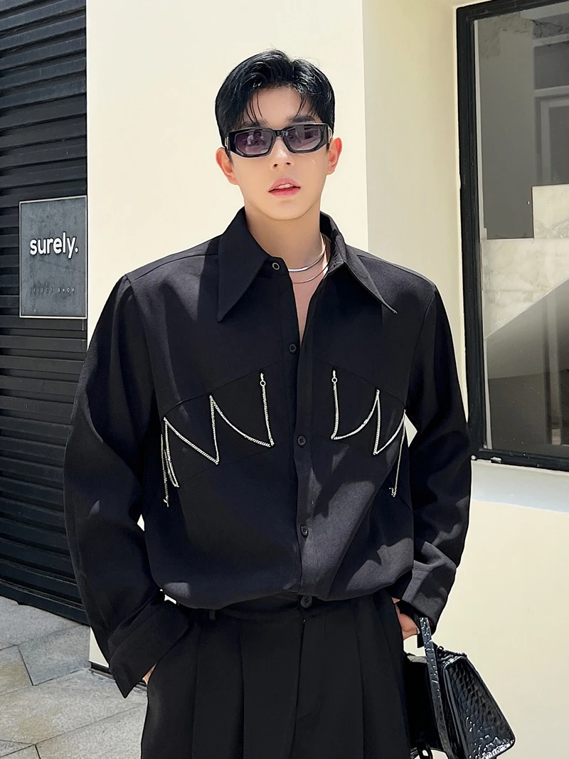 

Cool Metal Chain Decorated Long Sve irt for Men Autumn Faionable Korean Sle Stand Fit Youthful Trend arp Collar