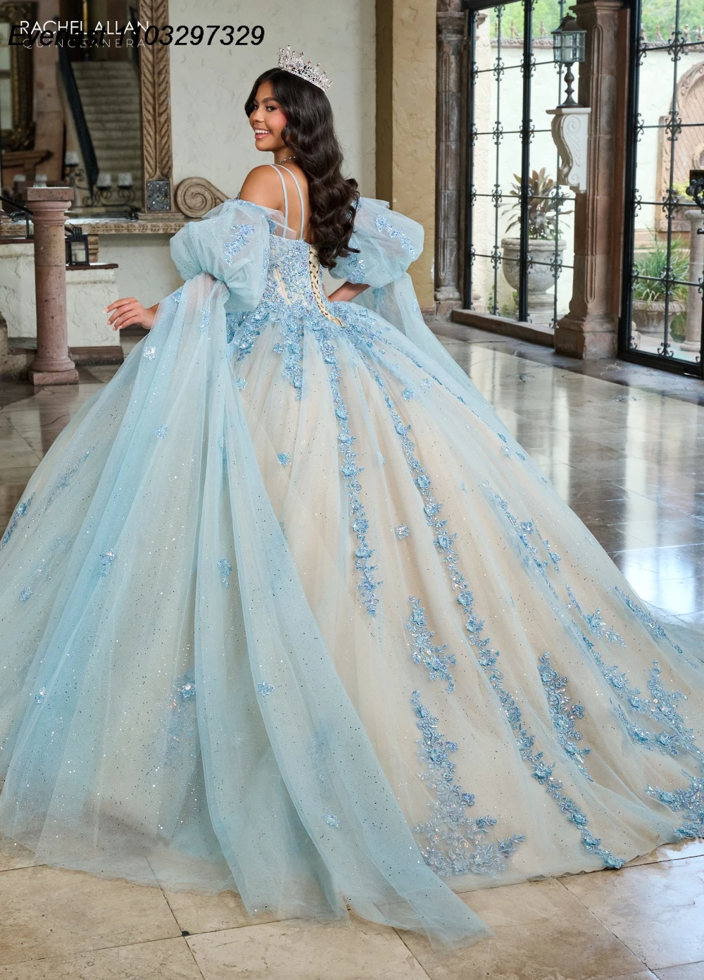 EVLAST Shiny Blue Quinceanera Dress Ball Gown 3D Floral Applique Beading Crystal Puffy Sleeve Sweet 16 Vestido De 15 Anos TQD448