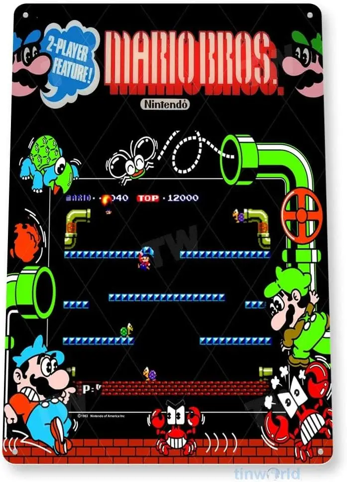 Mario-Bros Arcade Marquee Shop Game Room Ar - Wall Decor Art Gifts for Men Women - 12 x 8 inches