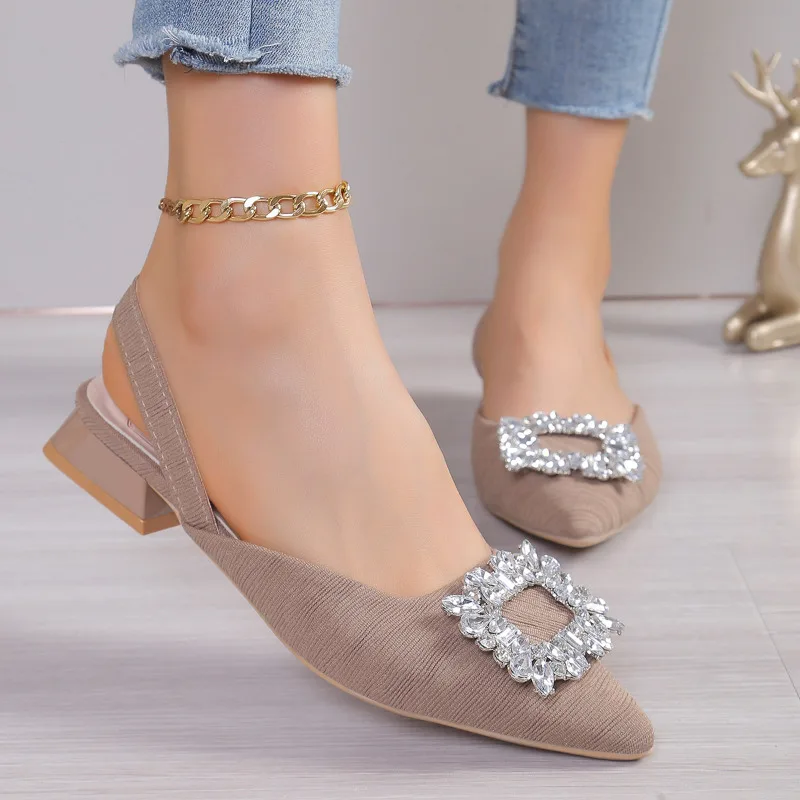 new Low Heeled Sandals Clear Shoes Women\'s Rhinestone Medium Pointed Closed Spring Gladiator Block Girls Work Dress shoes