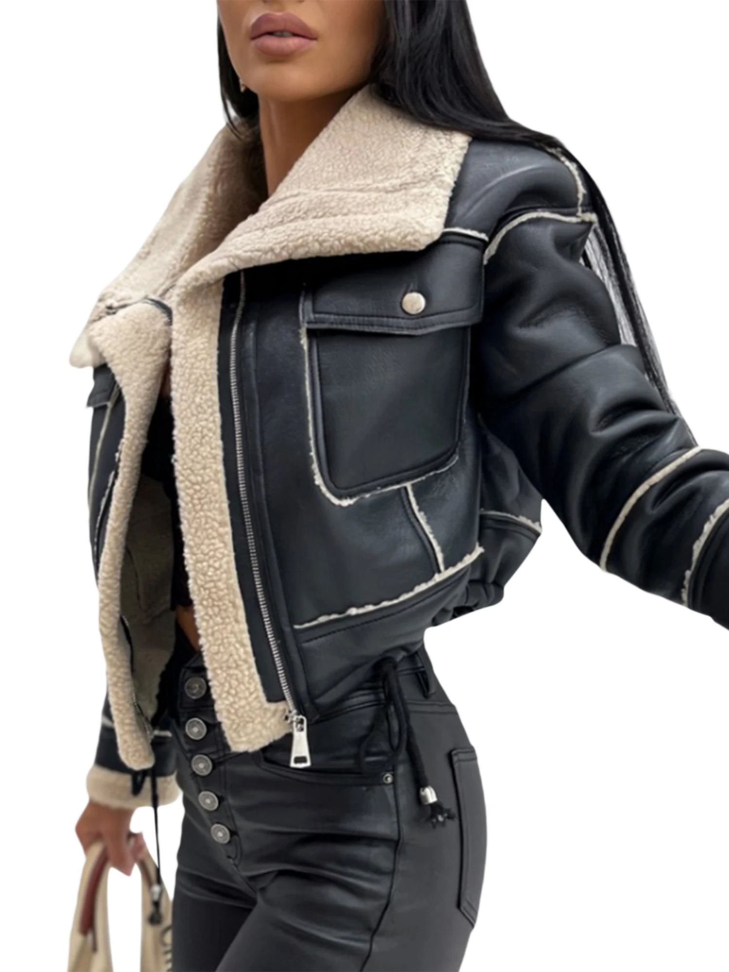 

Autumn Winter New Women Faux Leather Biker Jacket Faux Fur Trimmed Collar Vintage Moto Coat Warm Female Outerwear Womens Tops