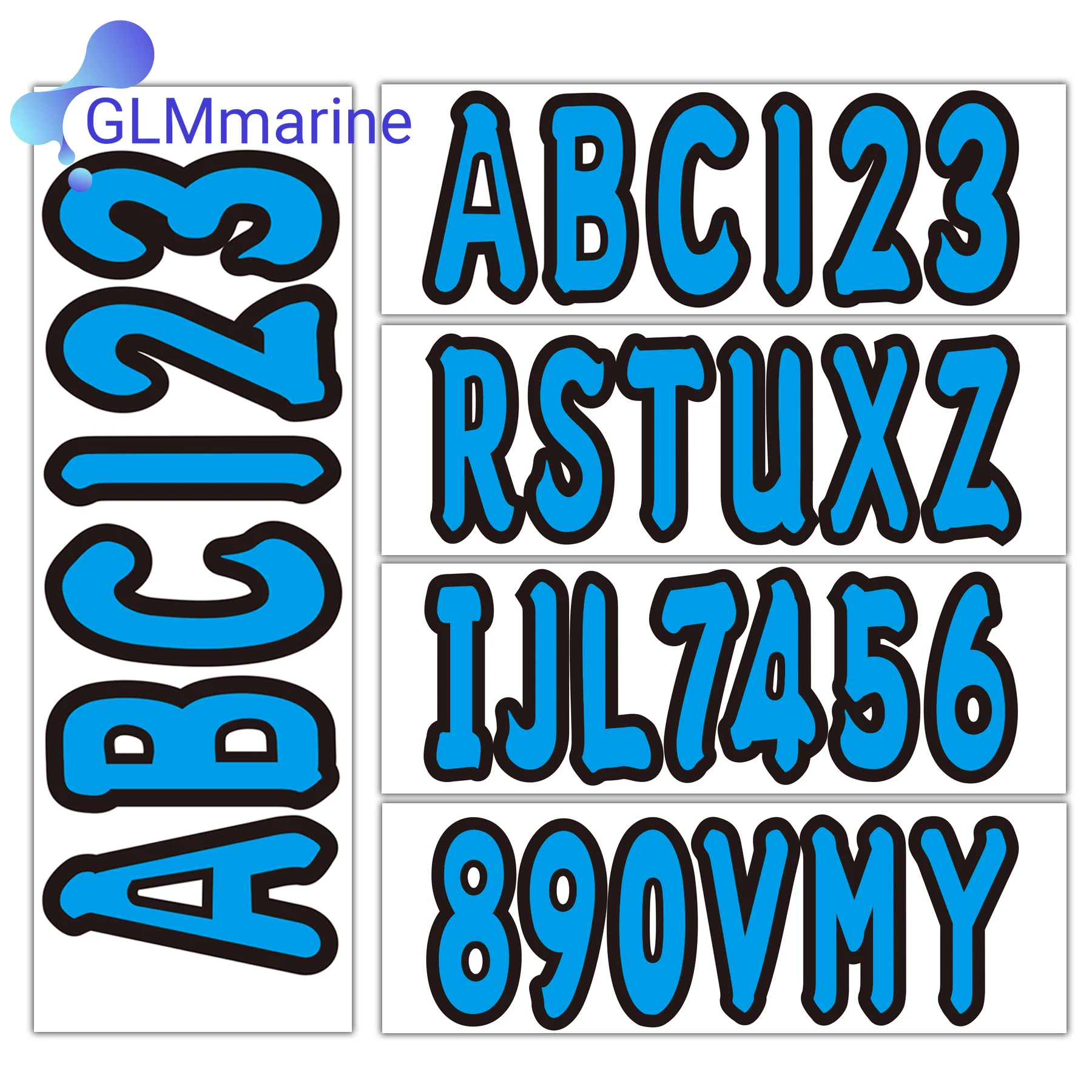 สติกเกอร์สีน้ำเงินสำหรับจดหมายเรือและหมายเลขการลงทะเบียนสี่ชุด A-Z สี่ชุด0-9