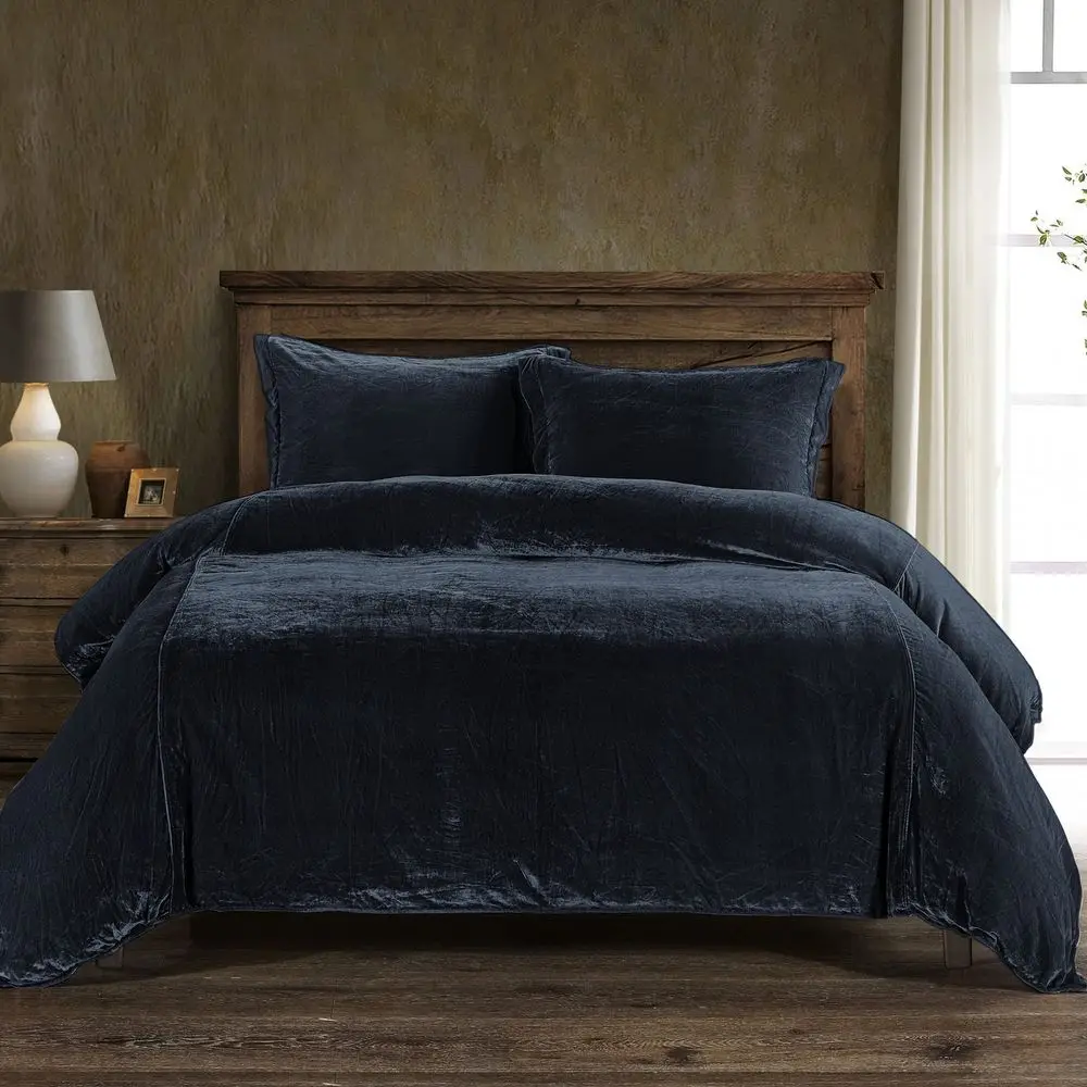 

Accents Stella Faux Silk Velvet 3 Piece Duvet Cover Set with 2 Pillow Shams, King, Midnight Blue, Romantic Western Modern Tradi