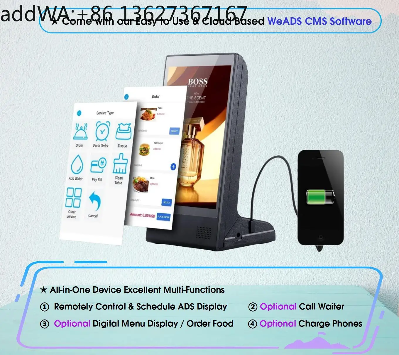 for FYD-898 Portable Digital Menu Board Food Advertising Display with ADSV or WeADS CMS Restaurant Signage Screen