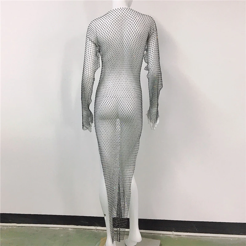 Glitzerndes Strass-Netzkleid für Damen, Transparentes Mesh-Strandkleid, Party-Club-Maxikleid 2026, Atmungsaktives Sommerkleid für Frauen – Detail 7