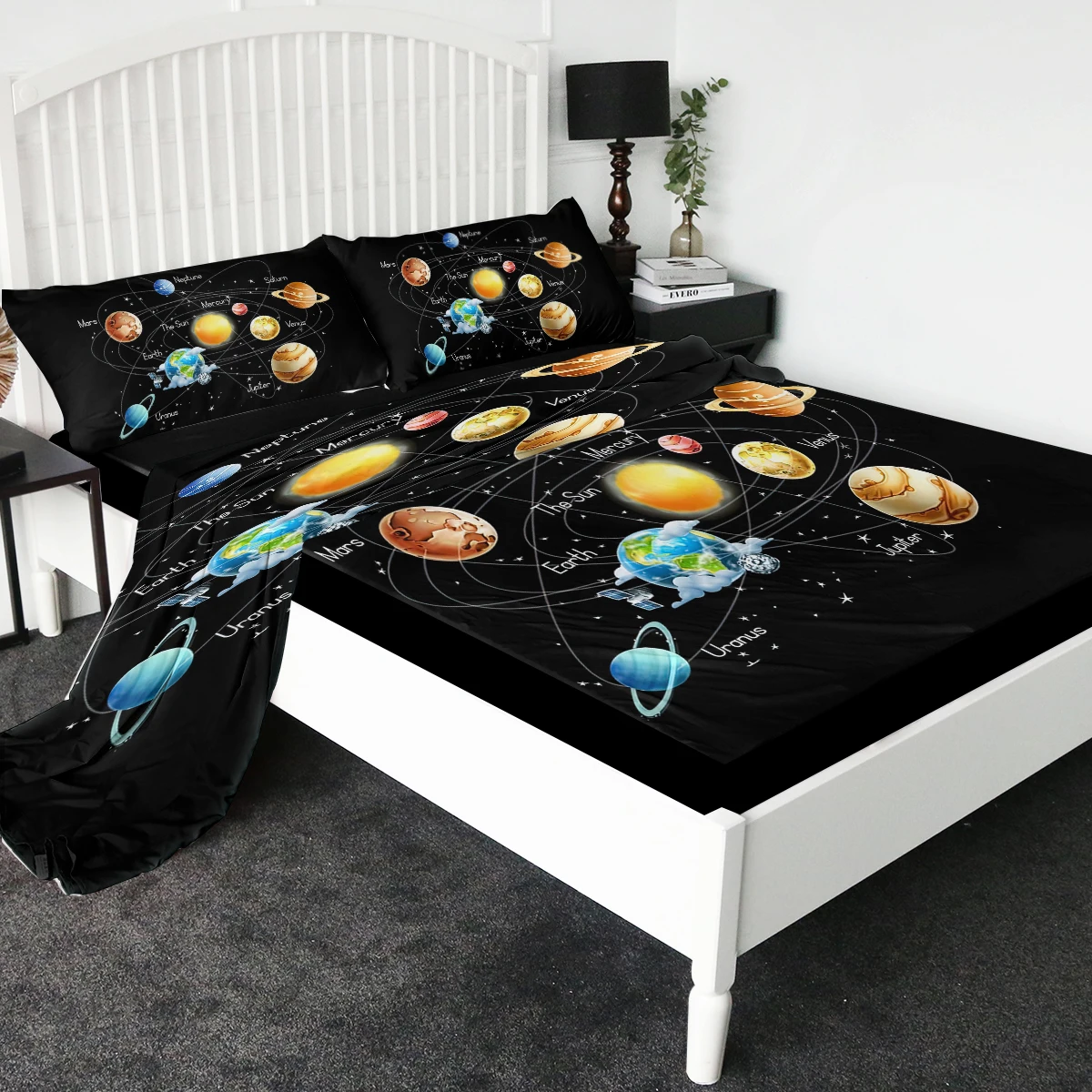 Solar System Astronomical 4-Piece Sheet Set Soft Outer Space Printed Includes 1 Flat Sheet,1 Fitted Sheet,2 Shams