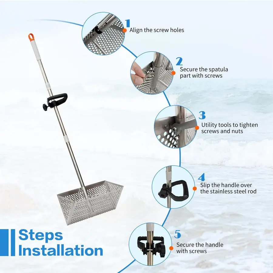 Flea Rake, Detachable Long Handle Sand Sifter for The Beach, The Shark Tooth Screen Comes with a 16in Wide Drain Screen with a 5