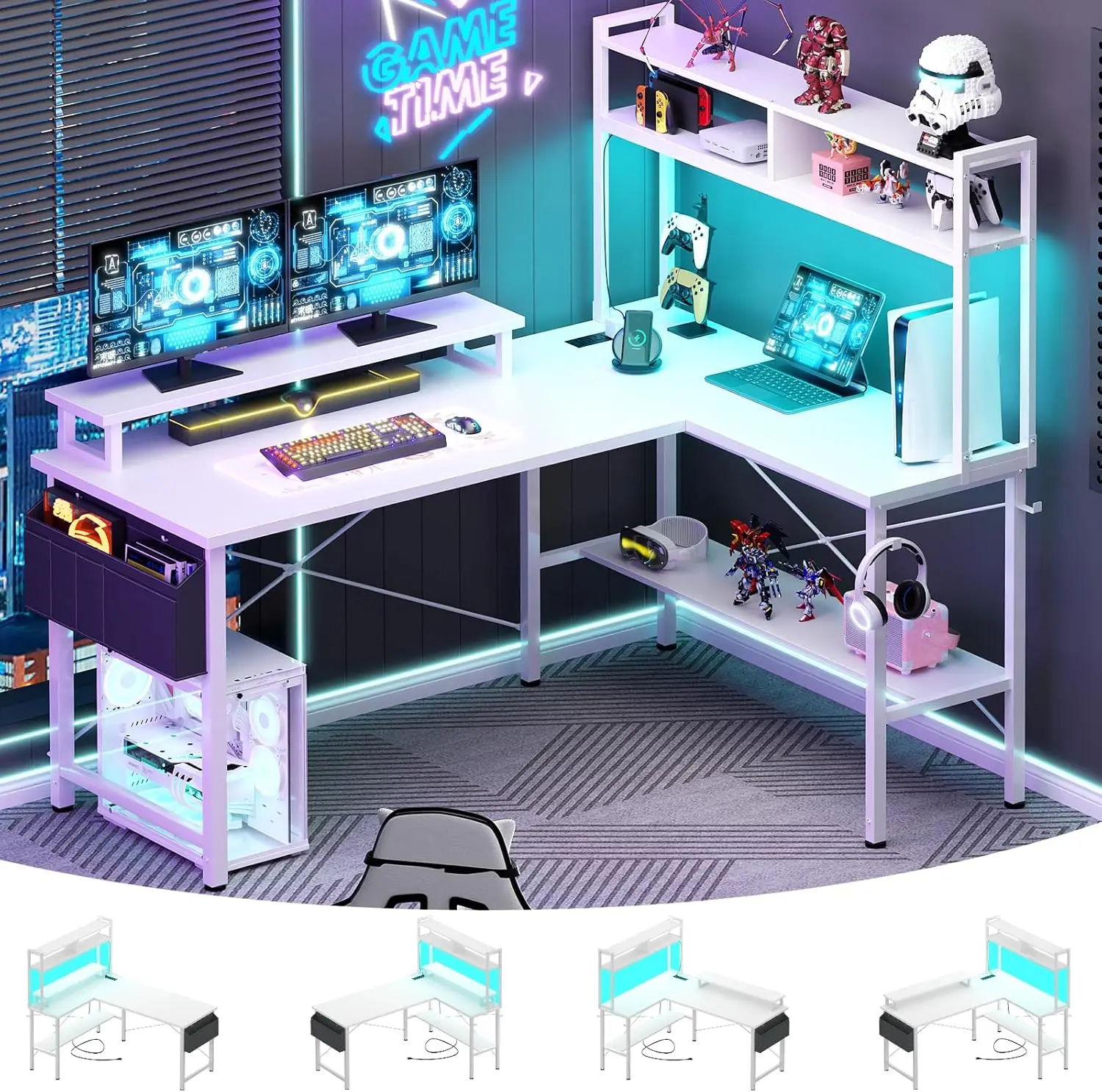 

L-Shaped Gaming Desk, Power Outlets, LED Lights, Monitor Stand, Storage Shelf, Compact Corner Desk, White