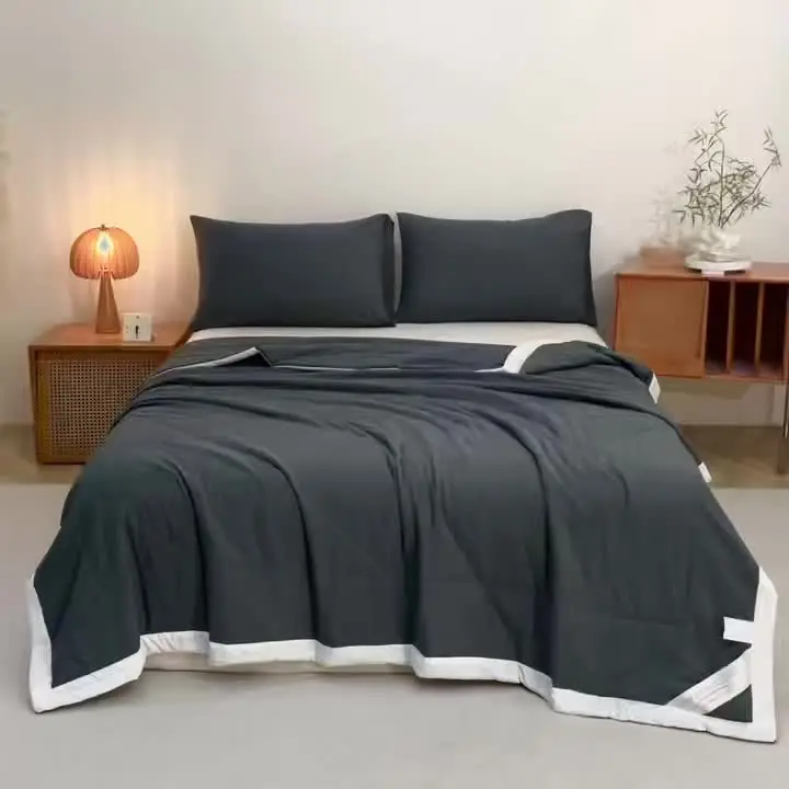 1PC Grey Solid Color Summer Cool Quilt with White Contrasting Edging Fashionable Elegant Soft Skin-Friendly Machine Washable Air