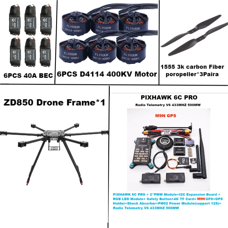 ZD850 6C PRO M9N Full Carbon Fiber 850mm Hexa-Rotor Frame BLHELI 40A ESC  Flight Comtrol Rado Telemetry Set Rctosky