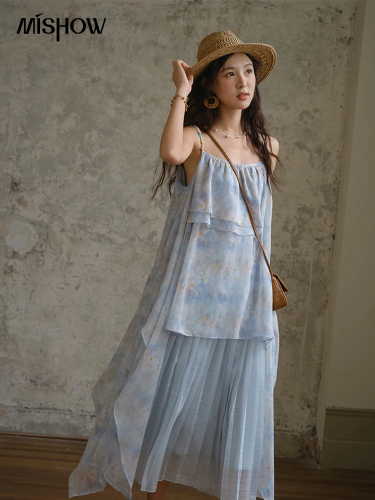Mishow moda impressão cinta vestido para mulher 2025 verão nova multi camada plissado borda emenda sem mangas midi vestidos mxe35l2233