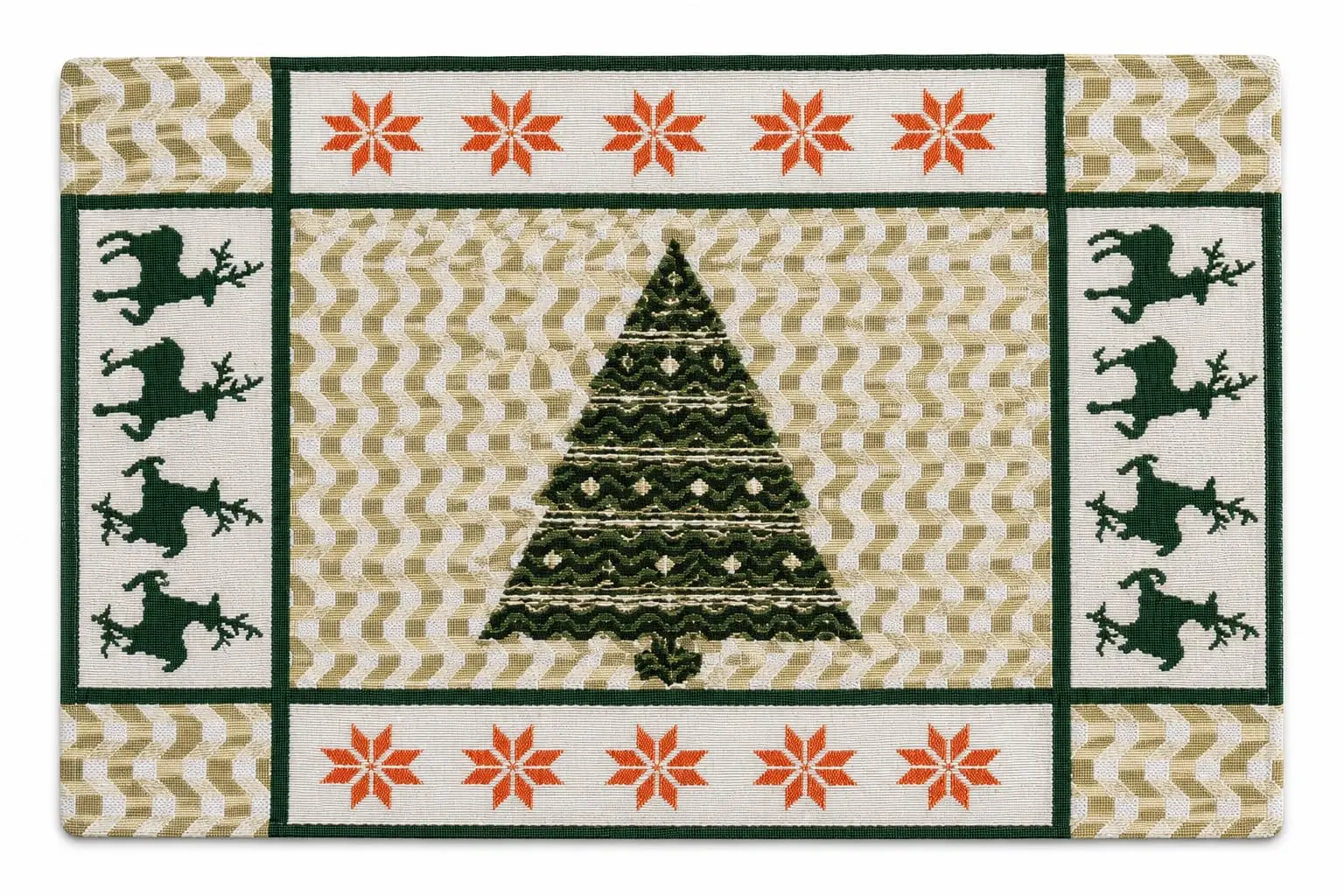 Christmas Tree Placemat Set of 6, 18x12 Inch, Reindeer and Star Pattern, Machine Washable, Holiday Table Mats
