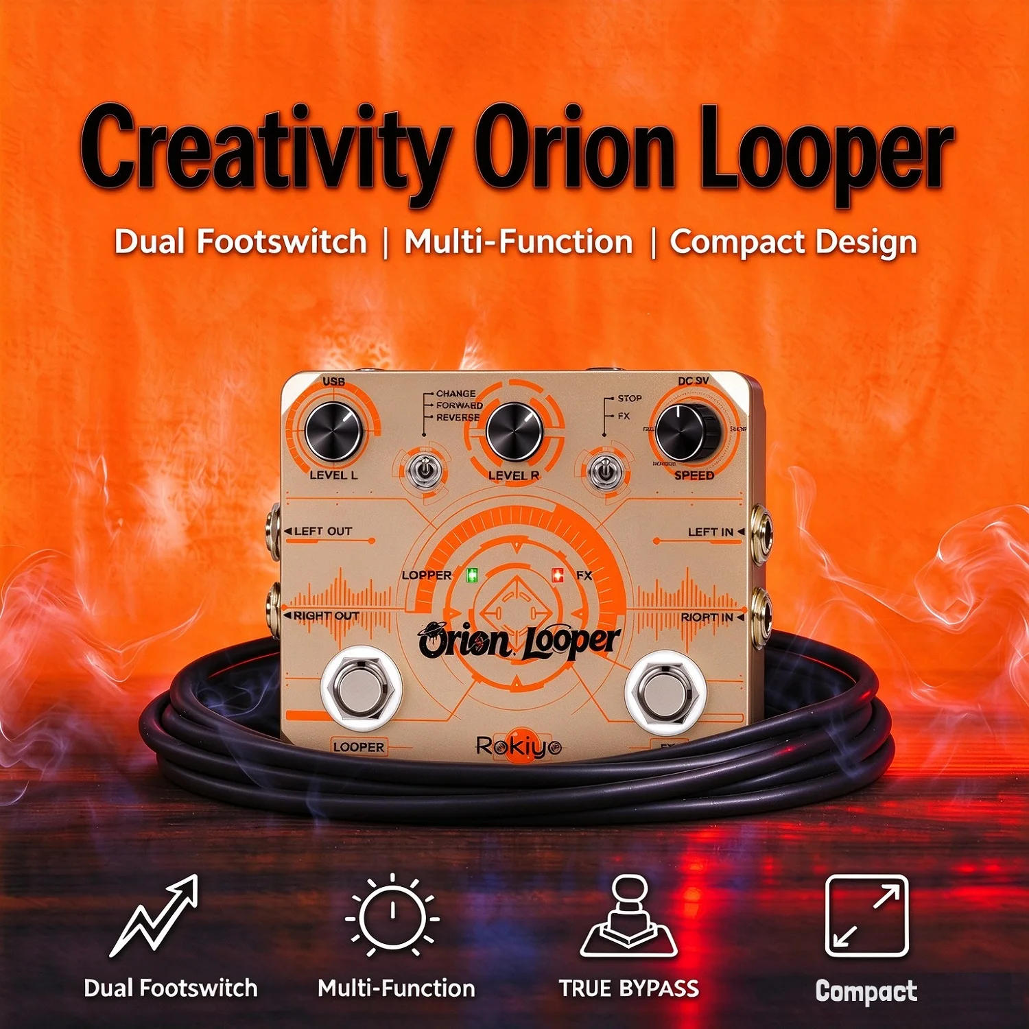 Rokiyo Orion Looper Guitar Pedal 11 Modes  Stereo Loop Effects 10 Mins Looping Time Unlimited Overdubs Reverse Speed Playback