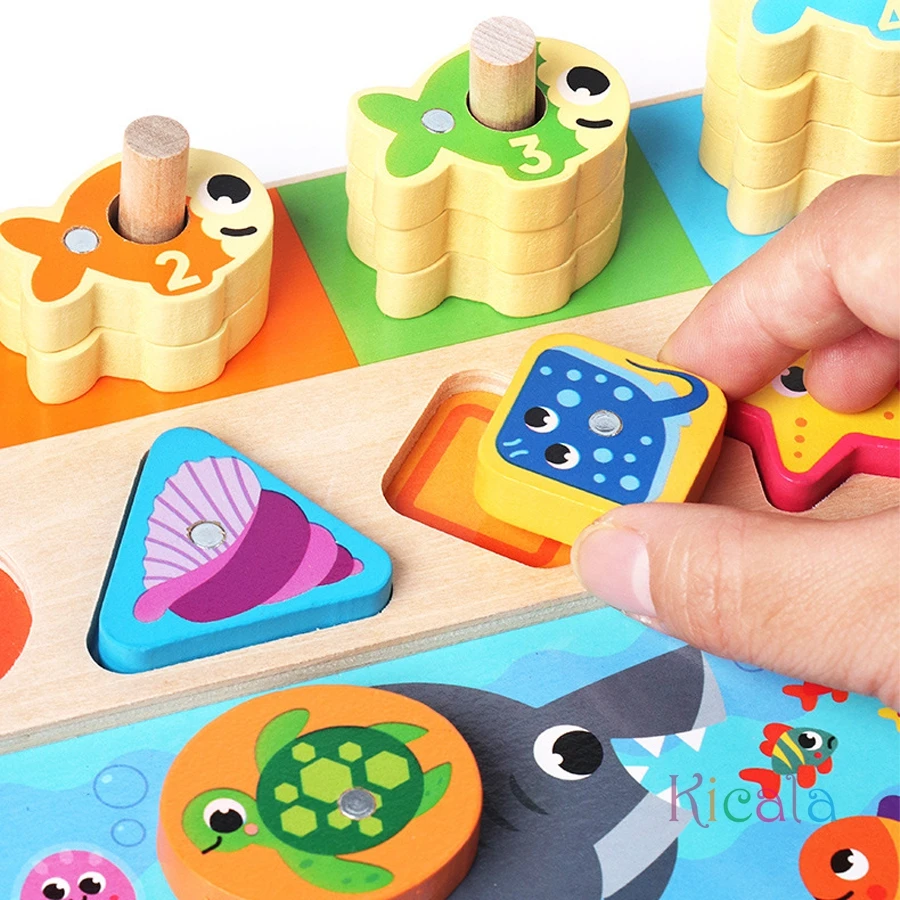 Baby Montessori Educatief Houten Rekenspeelgoed Kinderen Druk Bord Tellen Vorm Kleuren Match Vissen Puzzel Leren Speelgoed Geschenken