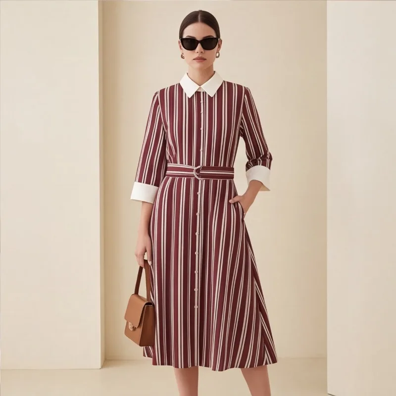 Womens 2026 Early Autumn New Fashion Minimalist Style Collared Long Sleeve Button Down Midi Dress with Belt and Stripes