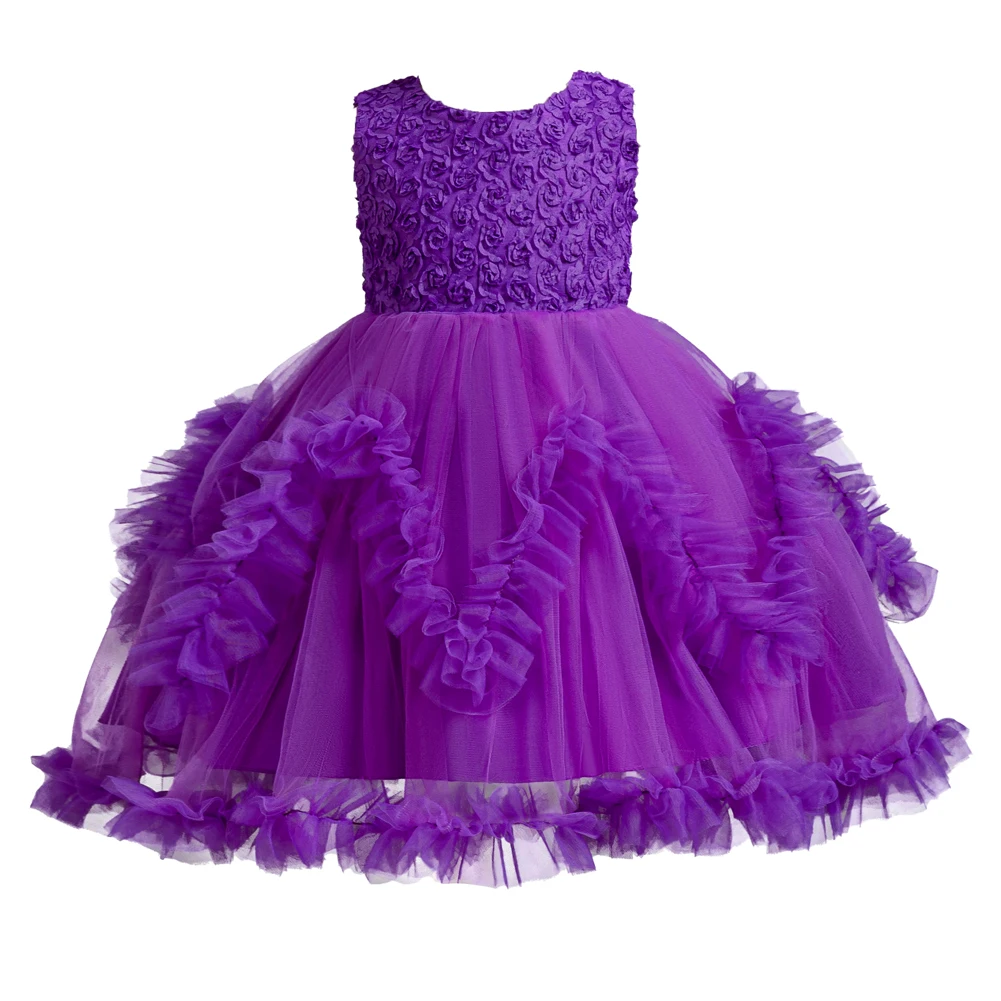 New Purple girl 3D Flower Tail Dress Elegant Birthday Ball Dress For 2 to 10 Years Old Children Wear