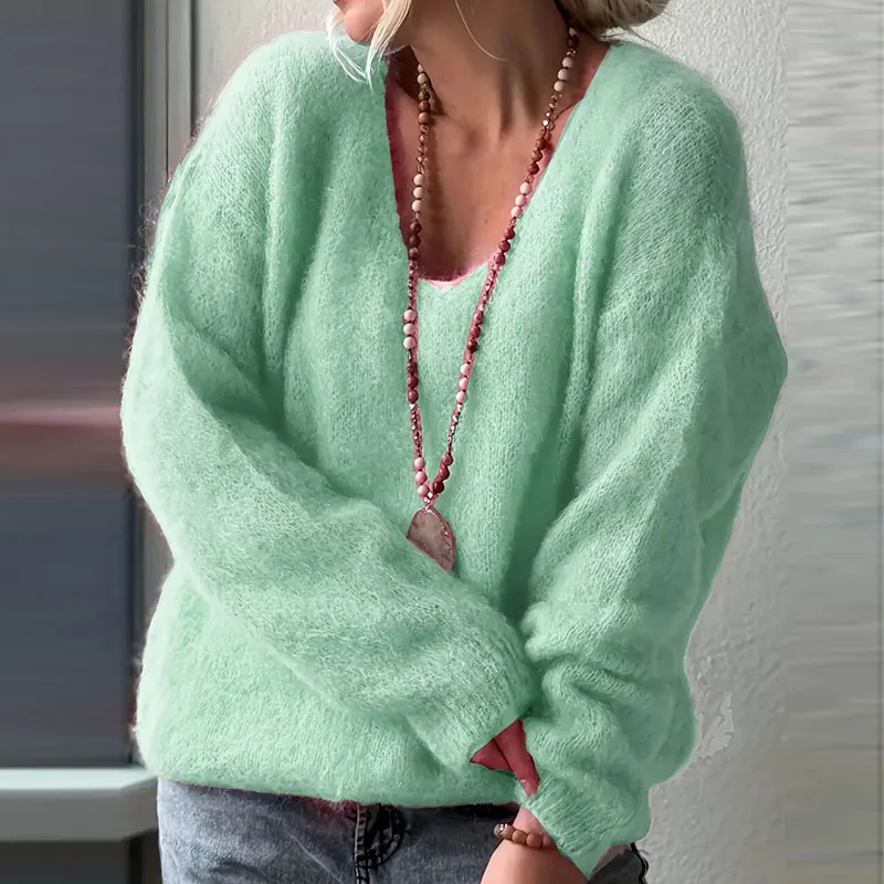Jerséis sueltos Wram a la moda de invierno para mujer, suéter suave elegante con cuello en V, Tops informales de manga larga, blusa de punto de Color sólido