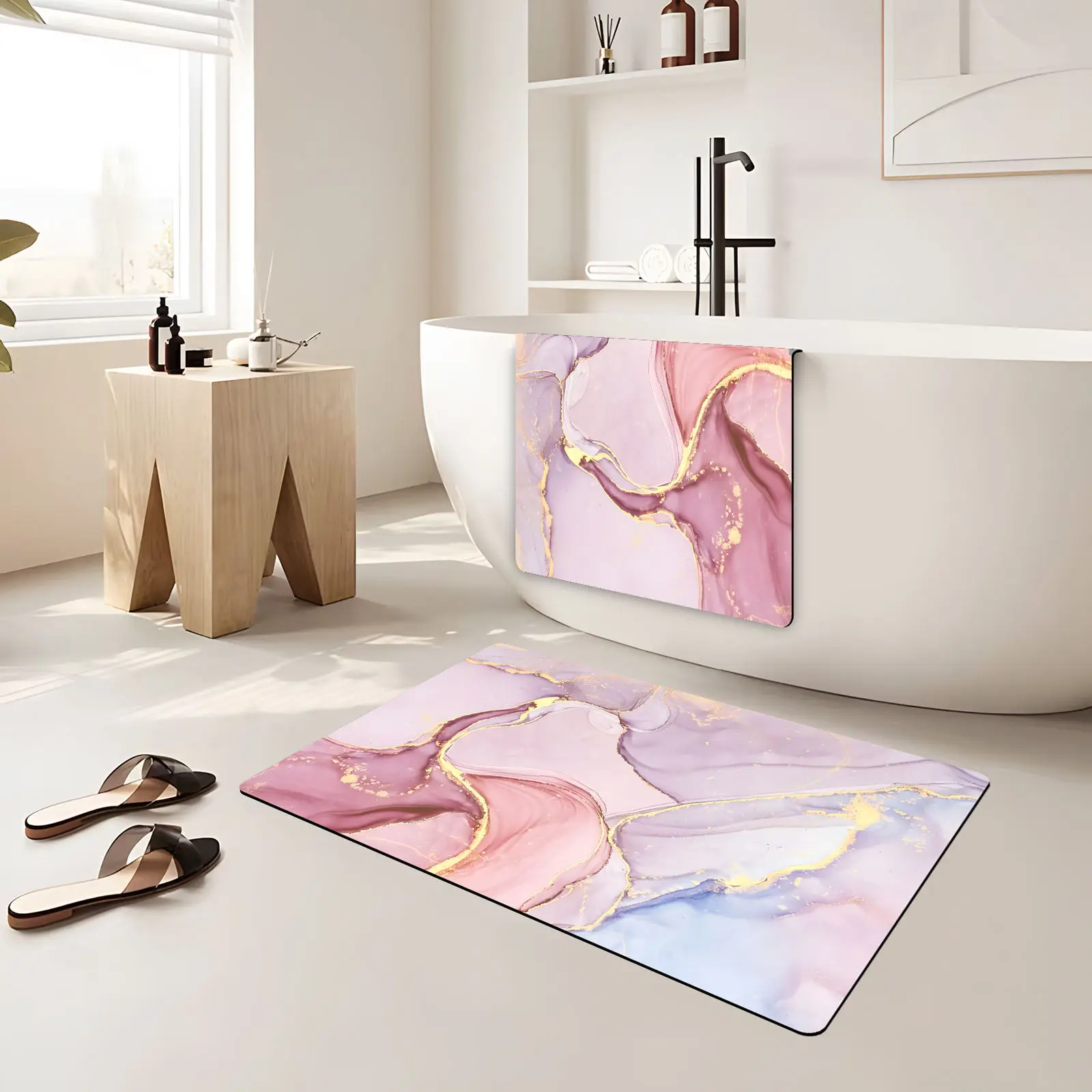 

Luxury Marble Agate Tech Fabric Bathroom Mat Set Gold Line Soft Tone Absorbent Quick Drying Non-Slip Bath Mat