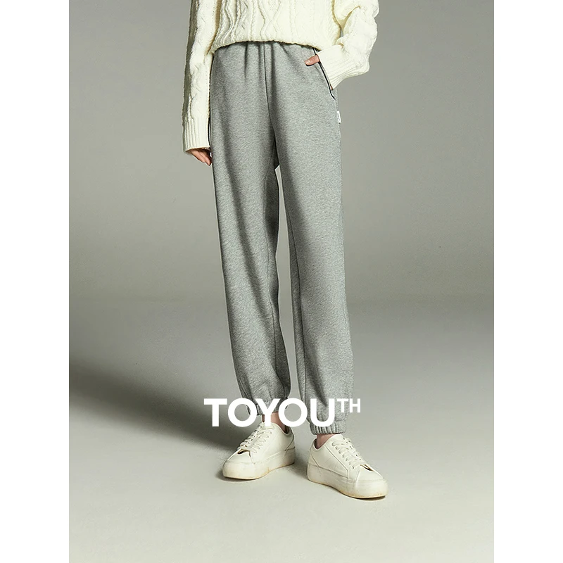 

Toyouth Women Plush Sweatpants 2023 Winter Elastic Waist Straight Loose Wide-leg Trousers Embroidery Basic Casual Sport Pants