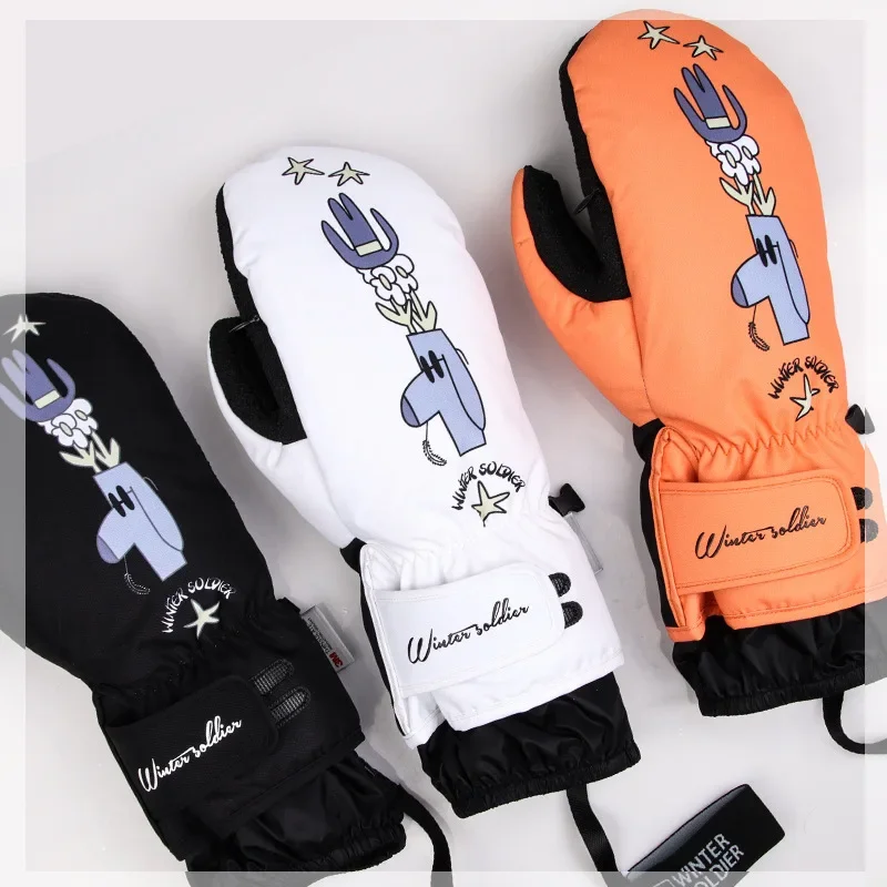 

2025 New Women Print Warm Skiing Glove Windproof Waterprood Outdoor Warm Snow Ski Gloves Polyester Plush Adult Men Ski Gloves