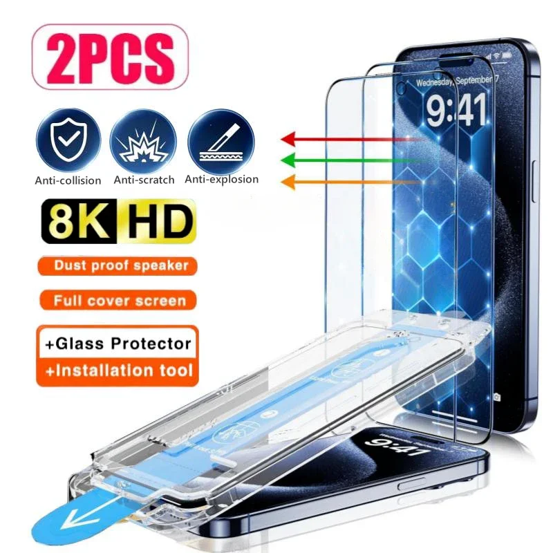 

2PCS One-click Dust Free Installation HD Screen Protector for IPhone 16 14 13 12 11 15 Pro Max Mini X XR XS MAX Protective Glass