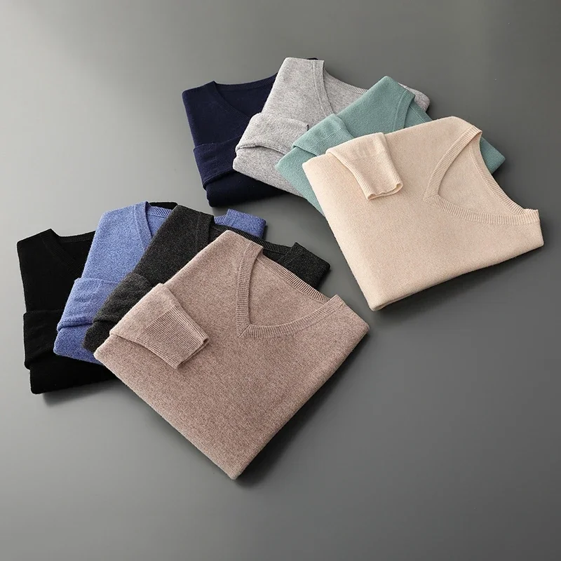 

Мужской свитер с длинным рукавом, осень-зима, базовые пуловеры с v-образным вырезом, 100% мериносовая шерсть, мягкий однотонный кашемировый трикотаж, мужская повседневная одежда