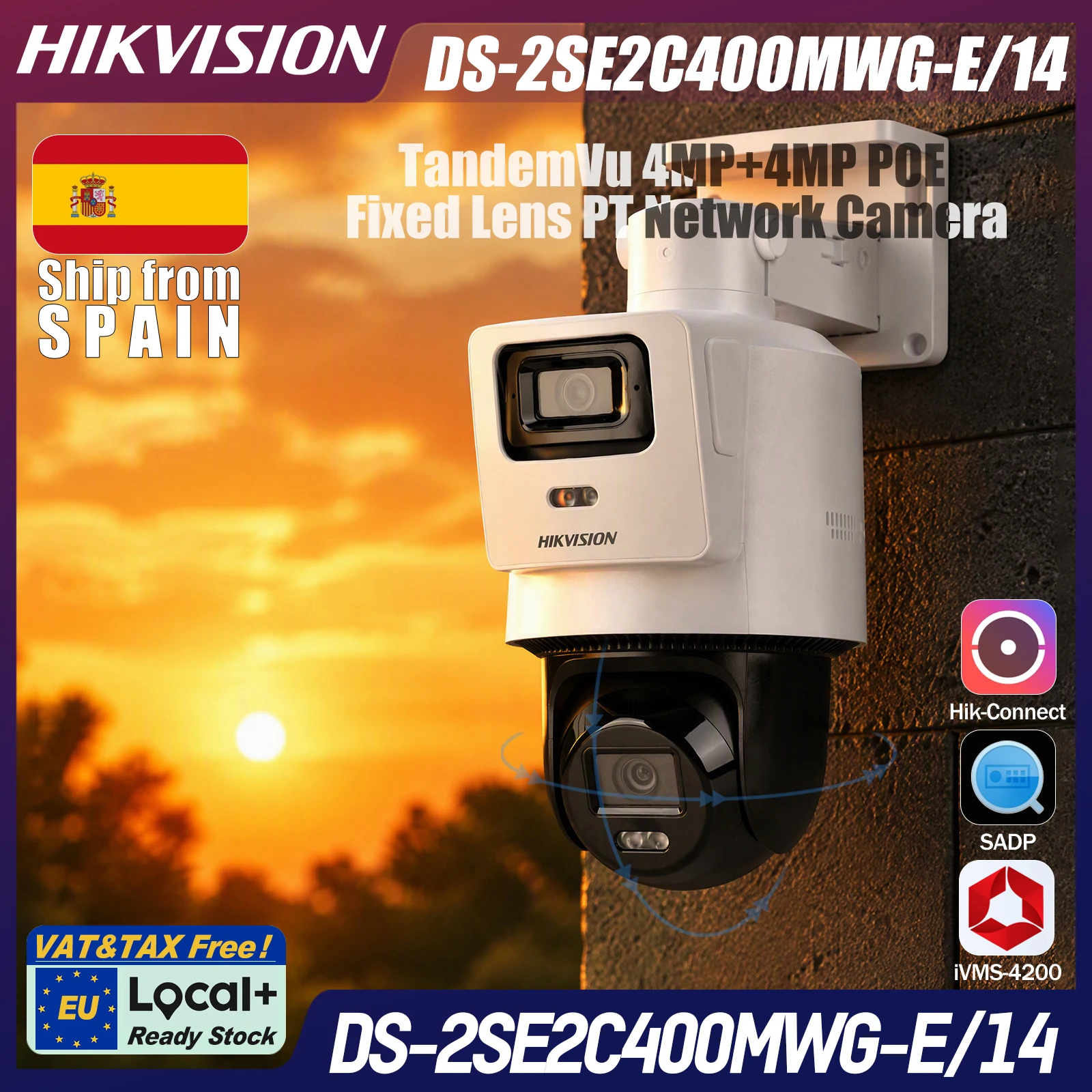 DS-2SE2C400MWG-E/14 Hikvision telecamera PTZ 4MP+4MP TandemVu doppia lente, 2.8mm Panoramic e PTZ 8mm, Auto-Tracking, Smart Hybrid Light, audio bidirezionale, slot scheda 512GB, PoE
