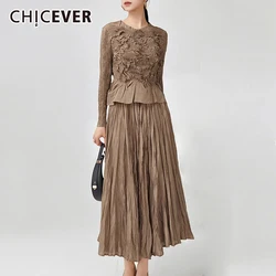 CHICEVER Solid Two Piece Sets For Women O Neck Long Sleeve Spliced Folds Top High Waist Pleated Skirt Casual Office Suits Female