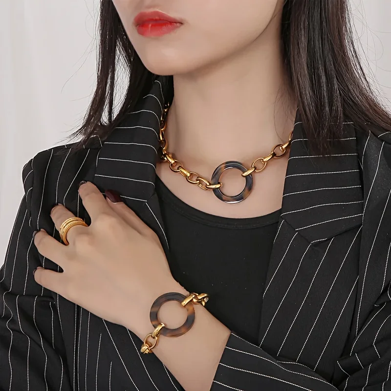 Punk Chunky Women\'s Set Jewelry Gold Color Thick Chain Leopard Pendant Stainless Steel Necklace Bracelets Set Fashion Jewelry