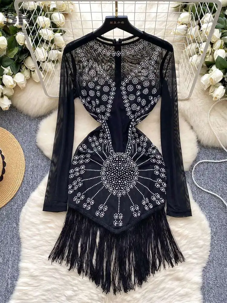 BabYoung Perlen Quaste Frauen Langarm O Hals Mode Mesh Elastische Reißverschluss Design 2024 Sheer Senior Party Kleider