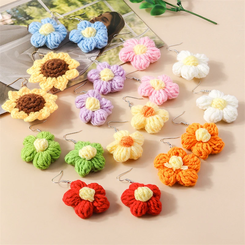 Cute Colorful Flower Drop Earrings for Women Handmade Crochet Flower Dangle Hooks Earrings Girls Party Holiday Jewelry Gifts