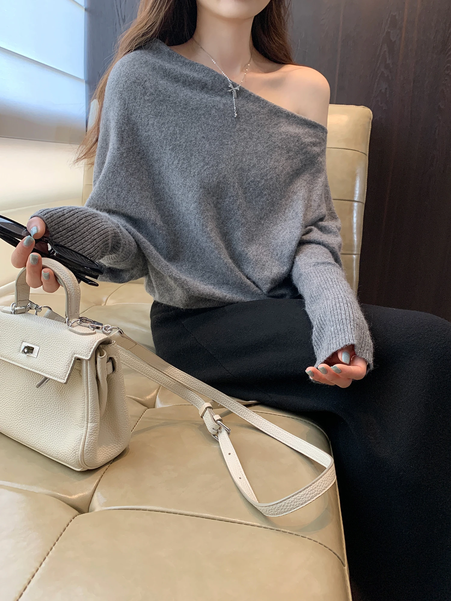 

Laid-ba Luxury Feel Diagonal oulder Long Sve Knitted Sweater Women's Spring New Sle Super Beautiful Single Wear ou...