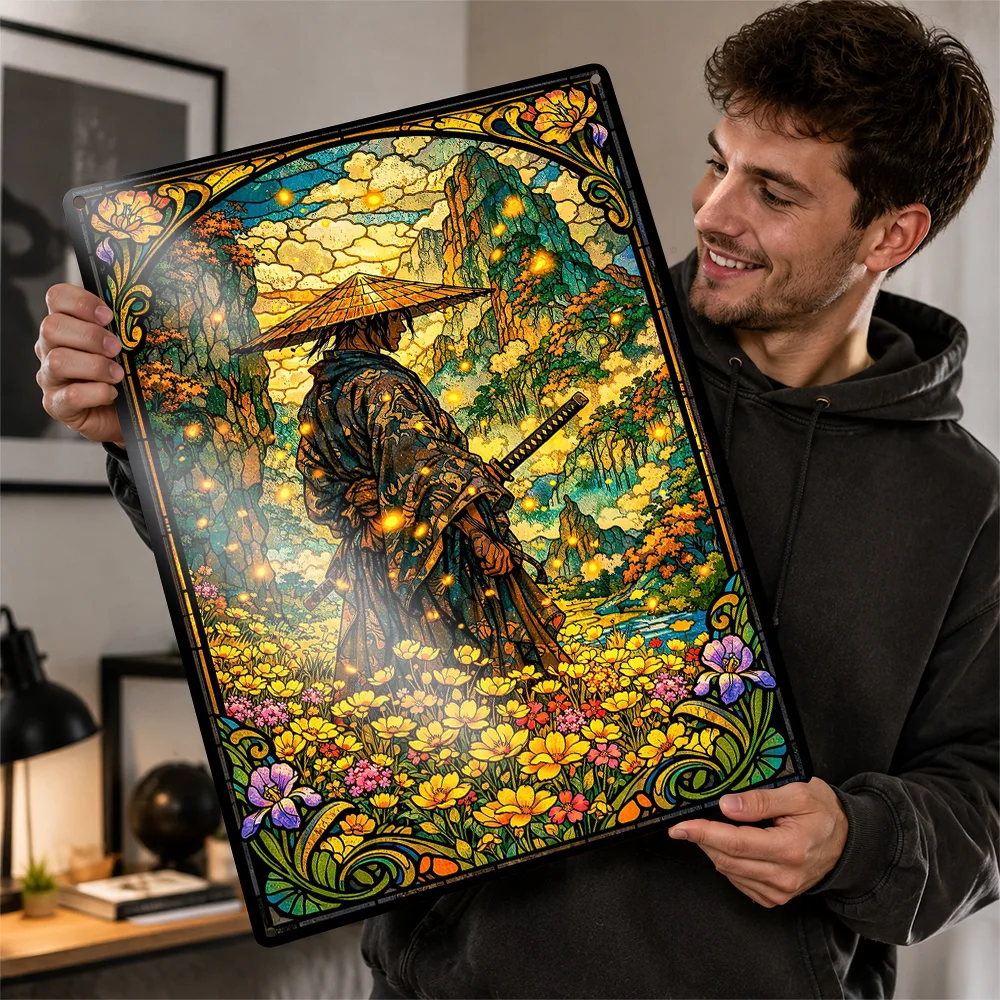 Samurai In A Field Of Flowers Textured Poster Customized Metal Tin Sign Vivid Magical Adventure Wall Art Made For Story Lovers