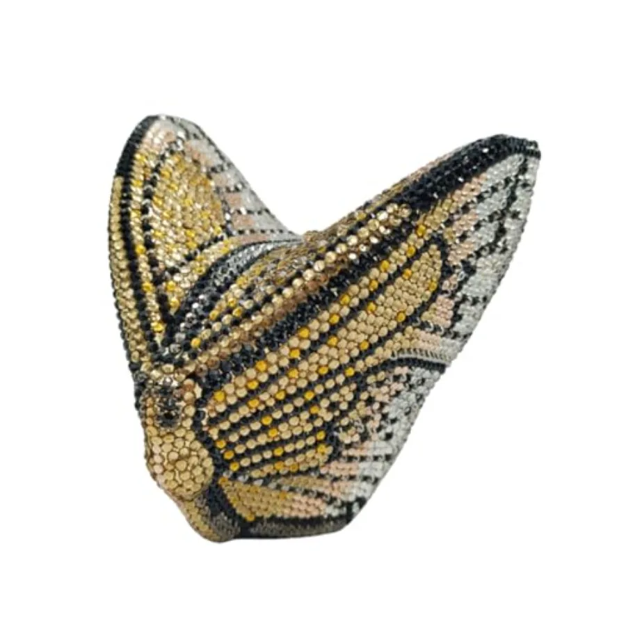 Evening clutch purse for women: rhinestone-embellished butterfly design on satin fabric, silver tone, ultra-luxury crystal deta