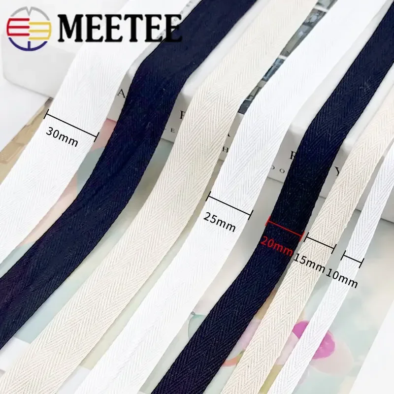 45M 10/15/20/25/30/40/50mm Width Cotton Webbing Herringbone Black White Natural Bag Strap Webbings Fabric Clothes Accessories