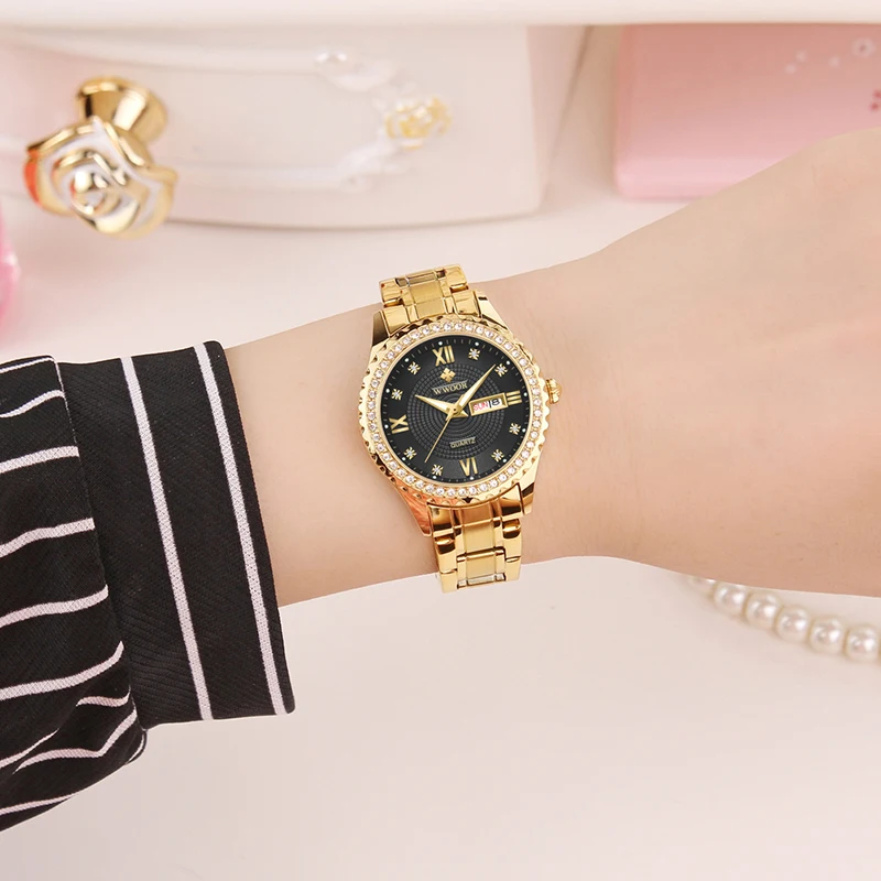 Fashion Wwoor Top Brand Luxury Diamond Gold Full Stainless Steel Quartz Lover Gifts For Men And Women Couple Pair Watch